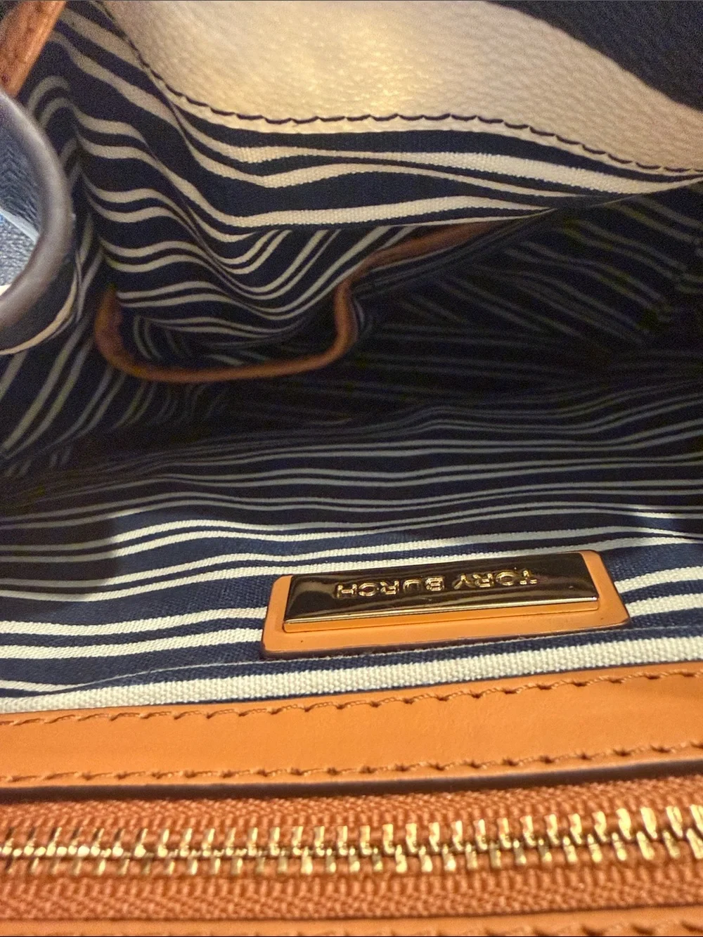 Tory Burch Navy and White Striped Canvas Backpack with Tan Leather Flap